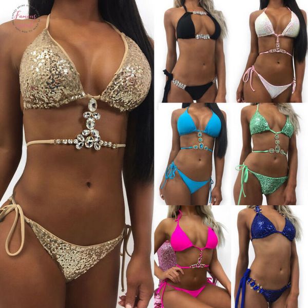women bikini 2020 crystal rhinestones glitter polyester diamond gems swimsuit halter sequin bandage push up swimwear bathing suit, White;black
women bikini 2020 crystal rhinestones glitter polyester diamond gems swimsuit halter sequin bandage push up swimwear bathing suit, White;black