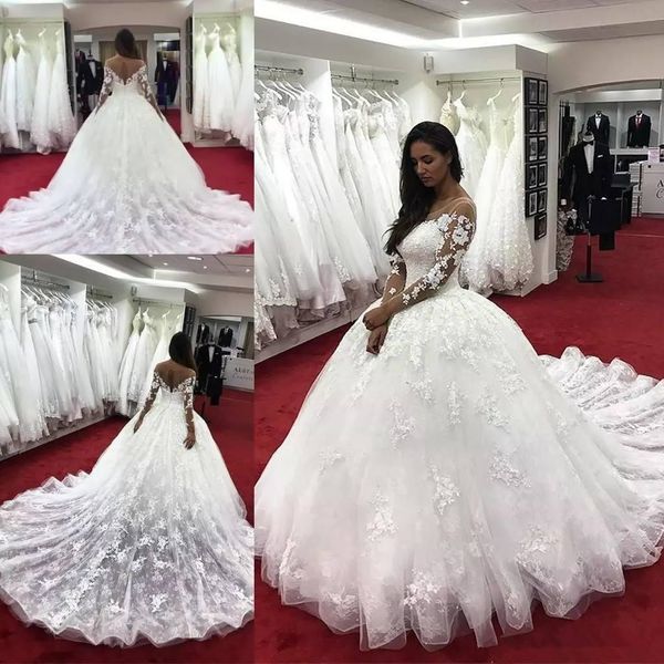 2019 amazing lace ball gown wedding dresses with long sleeves sheer bateau neck hollow back bridal dress appliqued chapel wedding gowns, White
2019 amazing lace ball gown wedding dresses with long sleeves sheer bateau neck hollow back bridal dress appliqued chapel wedding gowns, White