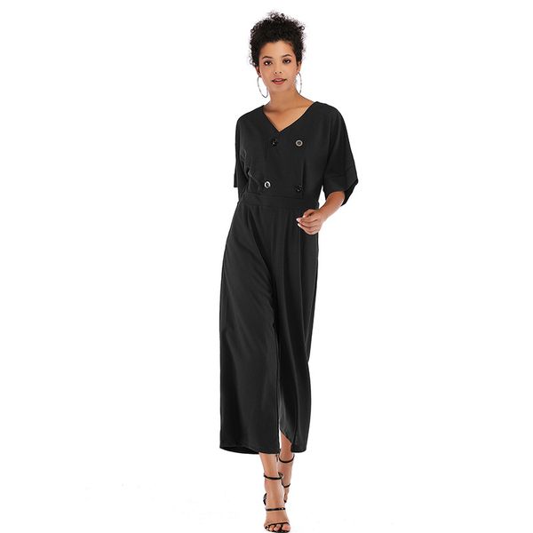 2019 spring summer new women's v collar bat sleeve loose pure color jumpsuit, Black;white
2019 spring summer new women's v collar bat sleeve loose pure color jumpsuit, Black;white
