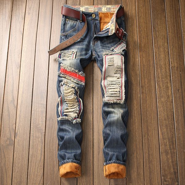 winter ripped jeans men fleece keep warm skinny patchwork print tassel punk style denim straight brand men's fashion jean pants, Blue
winter ripped jeans men fleece keep warm skinny patchwork print tassel punk style denim straight brand men's fashion jean pants, Blue