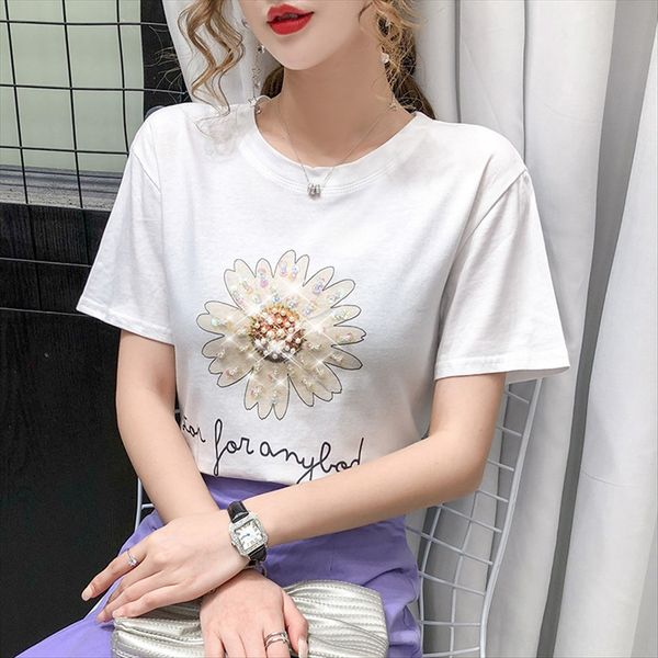 2020 maiden style women's printed t-shirt beads beaded chrysanthemum all-match ins student t-shirt short sleeve, White
2020 maiden style women's printed t-shirt beads beaded chrysanthemum all-match ins student t-shirt short sleeve, White