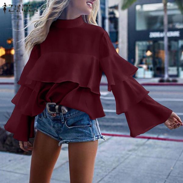 women's blouses & shirts 2021 spring long flare sleeve chiffon blouse zanzea fashion tunic women solid work ruffled blusas female chem, White
women's blouses & shirts 2021 spring long flare sleeve chiffon blouse zanzea fashion tunic women solid work ruffled blusas female chem, White