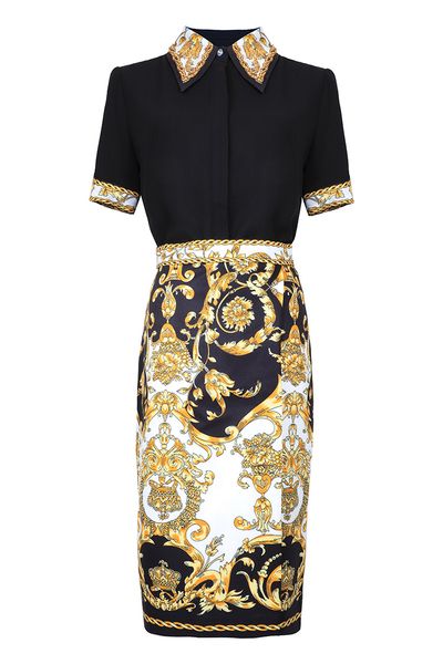 european and american women's dress 2019 summer new style short sleeved black shirt vintage print skirt fashion suits, White
european and american women's dress 2019 summer new style short sleeved black shirt vintage print skirt fashion suits, White