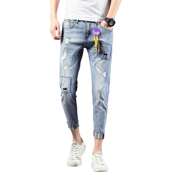 ankle-length jeans summer men's casula denim holes fashion jeans with omament a1806, Blue
ankle-length jeans summer men's casula denim holes fashion jeans with omament a1806, Blue