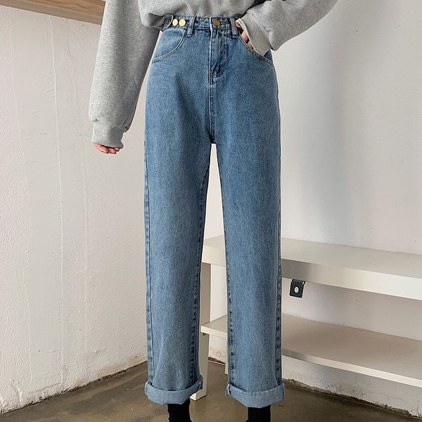fashion women solid color denim jeans high waist pocket button zipper straight casual pants trousers streetwear pantalon female, Blue
fashion women solid color denim jeans high waist pocket button zipper straight casual pants trousers streetwear pantalon female, Blue