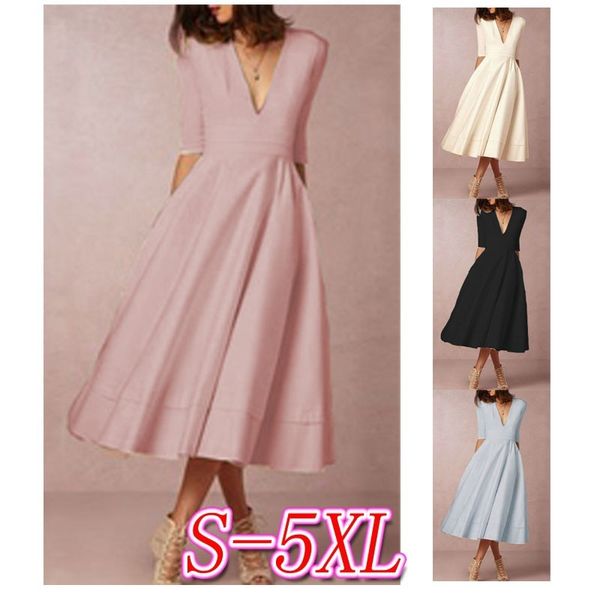 womens designer dress solid color deep v-neck middle sleeve elegant party dress large skirt woman, Black;gray
womens designer dress solid color deep v-neck middle sleeve elegant party dress large skirt woman, Black;gray