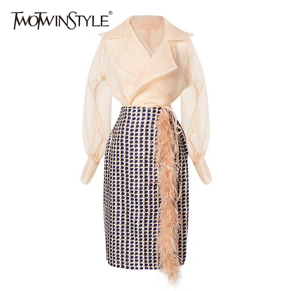 twotwinstyle women skirt suits chiffon lantern sleeve lace up shirt with geometric feather patchwork midi skirts elegant clothes, Gray
twotwinstyle women skirt suits chiffon lantern sleeve lace up shirt with geometric feather patchwork midi skirts elegant clothes, Gray