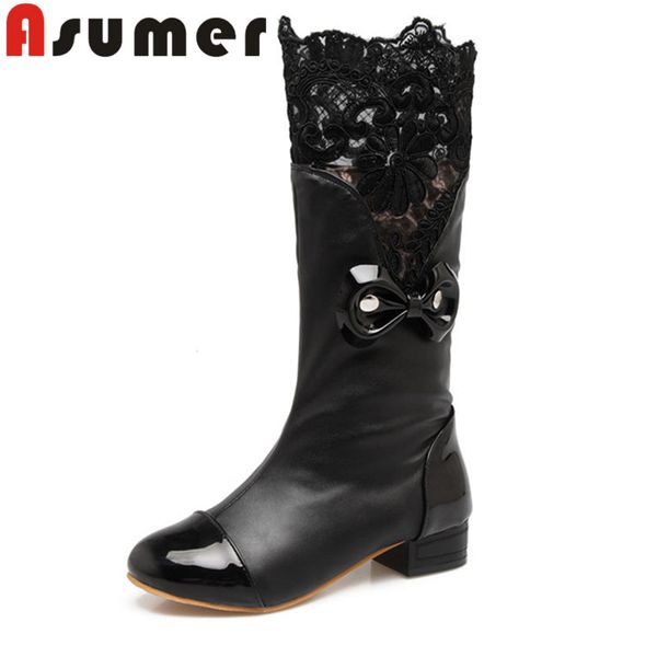 asumer new 2020 solid mid calf boots for women slip on autumn boots round toe bowknot thick heels fashion, Black 
asumer new 2020 solid mid calf boots for women slip on autumn boots round toe bowknot thick heels fashion, Black