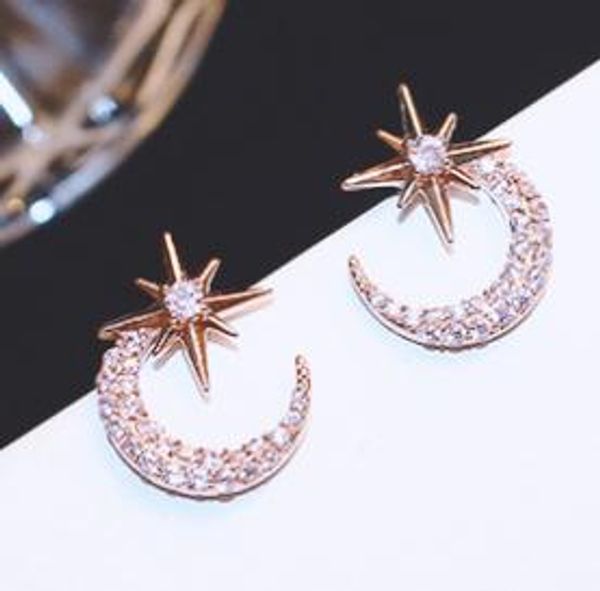 korean style rose gold plated star moon shape earrings stud for women lady fashion rhinestone jewelry with cute gift box, Golden;silver 
korean style rose gold plated star moon shape earrings stud for women lady fashion rhinestone jewelry with cute gift box, Golden;silver