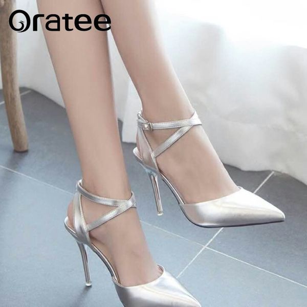 

plus size 31-43 new summer style women's high heels pointed toe cross stiletto sandals celebrity ladies shoes silver pumps, Black
