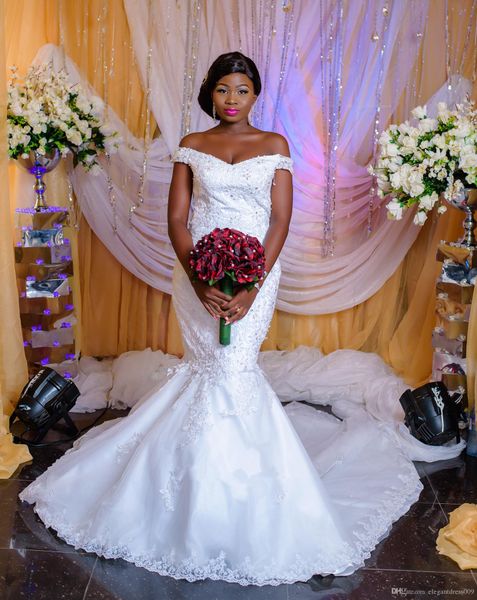 2019 new arrival black girls mermaid wedding dresses lace appliqued off shoulder sleeveless bridal gowns long sweep train wedding gowns, White
2019 new arrival black girls mermaid wedding dresses lace appliqued off shoulder sleeveless bridal gowns long sweep train wedding gowns, White