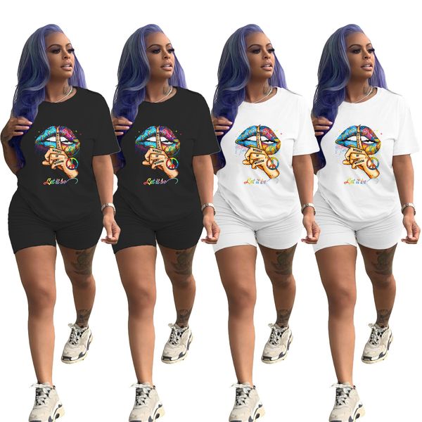 fashion summer women casual round neck solid color lips printed short sleeve two-piece suit ladies set, White
fashion summer women casual round neck solid color lips printed short sleeve two-piece suit ladies set, White
