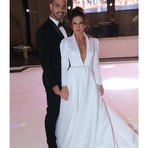 vintage satin wedding dresses with beaded sash deep v neck long sleeves wedding dress custom made robe de mariee simple bridal vestidos, White
vintage satin wedding dresses with beaded sash deep v neck long sleeves wedding dress custom made robe de mariee simple bridal vestidos, White