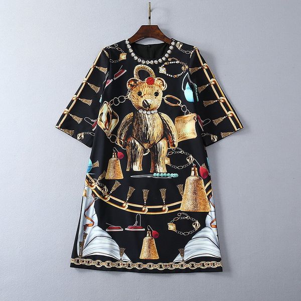 european and american women's fashion 2019 spring new style five minutes sleeve heavy industry nail bead bear printing dress, Black;gray
european and american women's fashion 2019 spring new style five minutes sleeve heavy industry nail bead bear printing dress, Black;gray