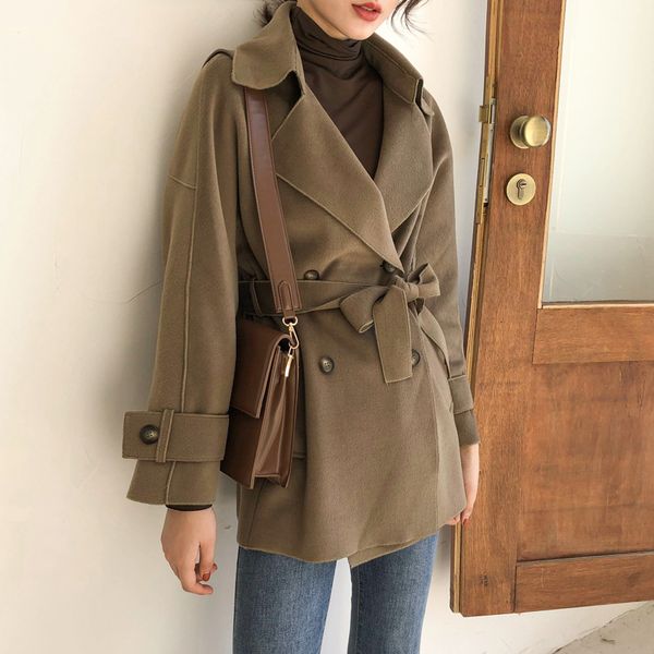 hair coat women's autumn and winter loose waist tie with medium long coat, Tan;black
hair coat women's autumn and winter loose waist tie with medium long coat, Tan;black