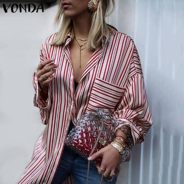 vonda 2019 women summer blouses spring vintage striped shirt long sleeve lapel blouse long office blusas plus size, White
vonda 2019 women summer blouses spring vintage striped shirt long sleeve lapel blouse long office blusas plus size, White
