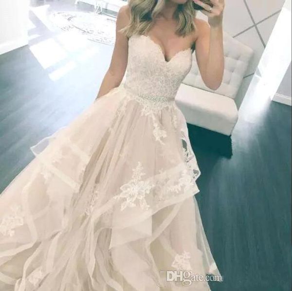 elegant sweetheart a line lace appliques beach wedding dresses tulle tiered skirt bridal gowns with crystal sash wedding gowns, White
elegant sweetheart a line lace appliques beach wedding dresses tulle tiered skirt bridal gowns with crystal sash wedding gowns, White