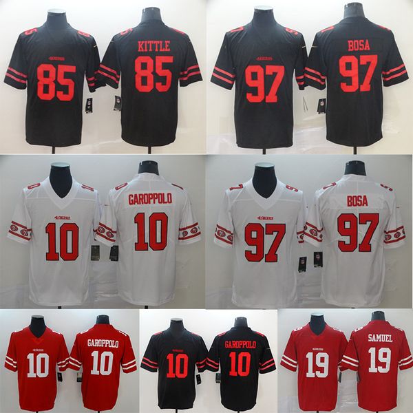 

francisco 85 george kittle jersey 49er san 97 nick bosa 10 jimmy garoppolo 19 deebo samuel 17 emmanuel sanders men's football jerseys, Black;red