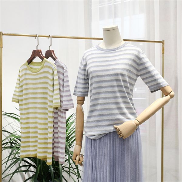 women's thin round collar short t-shirt sleeve casual t-shirt linen stripe bright silk knitted top, White
women's thin round collar short t-shirt sleeve casual t-shirt linen stripe bright silk knitted top, White