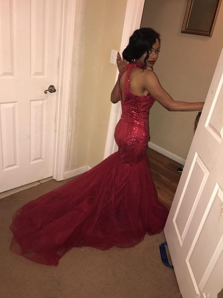 backless red evening long dresses halter neck sequin tulle prom gown mermaid abendkleider, Black
backless red evening long dresses halter neck sequin tulle prom gown mermaid abendkleider, Black