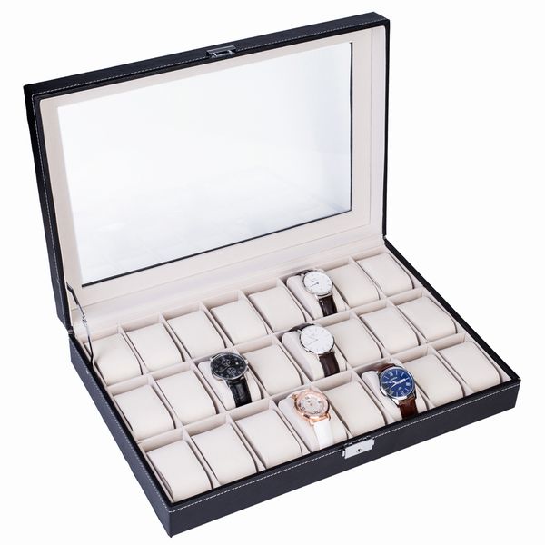 24 Compartments Watch Collection Box Level Opening Style Leather Black Jewelry Storage Box Organizer Display