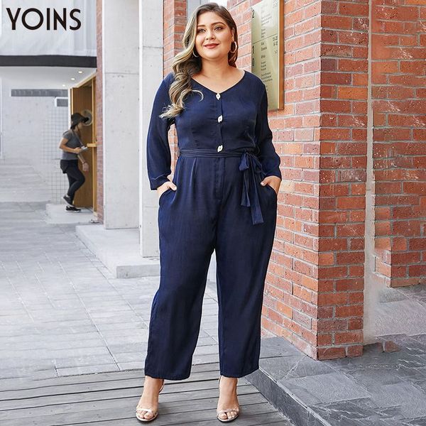 

yoins plus size belt v-neck button front long sleeve jumpsuit 2019 women casual rompers playsuits body spring autumn winter, Black;white