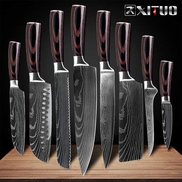 

8 \ "дюймовый японский Ножи кухонные Лазерная Damascus Pattern Нож поварской Sharp Santoku Кливер нарезка Хозяйственные ножи Инструмент EDC