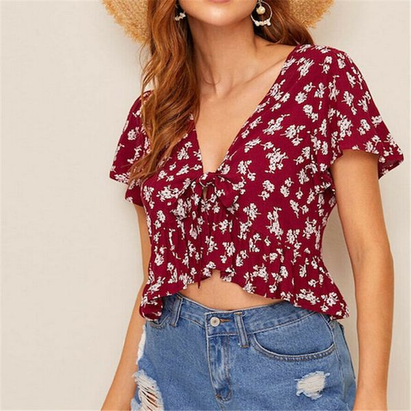 women's t-shirt summer beach style female deep v neck womens vintage floral print short sleeve ruffles swing crop t shirt, White
women's t-shirt summer beach style female deep v neck womens vintage floral print short sleeve ruffles swing crop t shirt, White