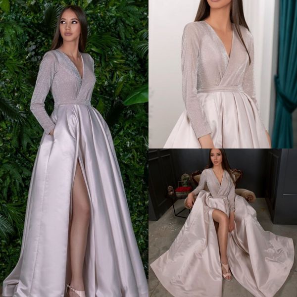 2019 elegant evening dresses a line v neck long sleeve side split prom dress party wear satin formal occasion gowns, Black
2019 elegant evening dresses a line v neck long sleeve side split prom dress party wear satin formal occasion gowns, Black
