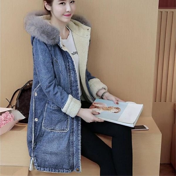 women winter thick jean jacket fur collar fleece hooded denim coat long female lamb fur padded warm denim jacket, Black
women winter thick jean jacket fur collar fleece hooded denim coat long female lamb fur padded warm denim jacket, Black