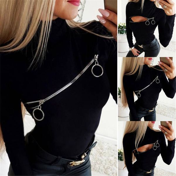 fashion long sleeve tee shirt ladies zipper hollow out blouses black high neck slim blouse tunic streetwear, White
fashion long sleeve tee shirt ladies zipper hollow out blouses black high neck slim blouse tunic streetwear, White