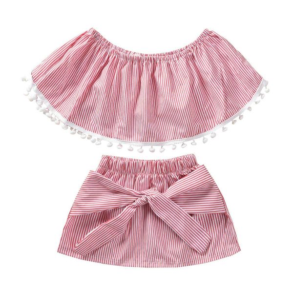 2pcs kids baby girls clothes set off shoulder tassel stripe t-shirts crop lacing dress skirt children summer outfits 2019, White
2pcs kids baby girls clothes set off shoulder tassel stripe t-shirts crop lacing dress skirt children summer outfits 2019, White