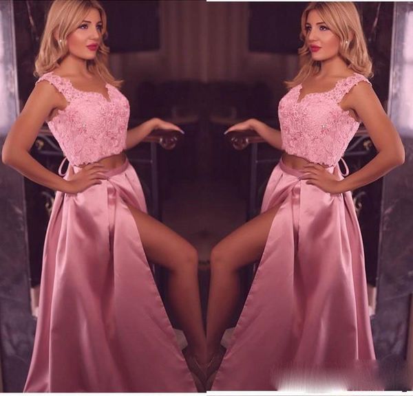 a-line two pieces prom dresses v neck lace appliques beaded sleeveless satin high split african sweep train evening gowns, Black
a-line two pieces prom dresses v neck lace appliques beaded sleeveless satin high split african sweep train evening gowns, Black