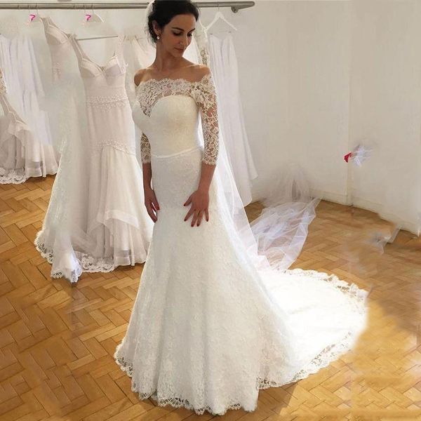custom long sleeves lace mermaid wedding dresses 2019 with appliques off shoulder court train wedding bridal gowns, White
custom long sleeves lace mermaid wedding dresses 2019 with appliques off shoulder court train wedding bridal gowns, White