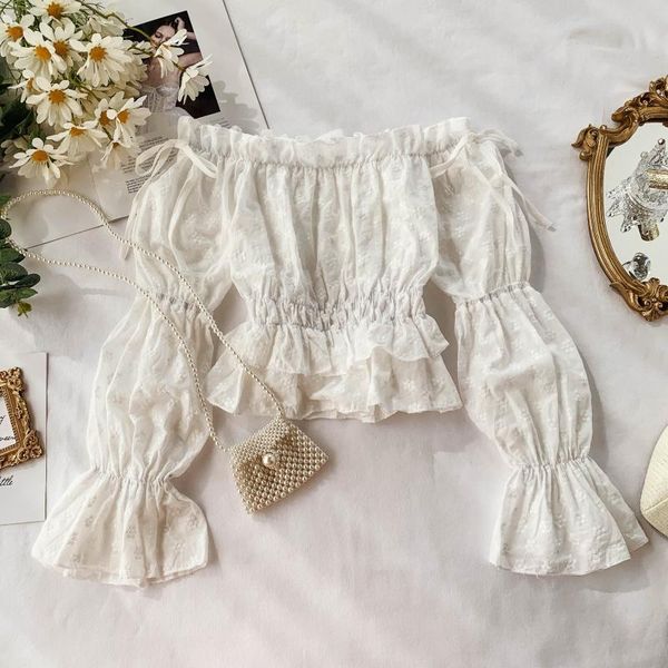 2020 new fashion women's word shoulder blouse shirt female sweet wood ear shirt tide, White 
2020 new fashion women's word shoulder blouse shirt female sweet wood ear shirt tide, White