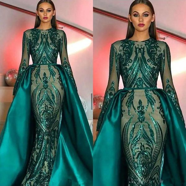 dark green muslim long sleeves sequins mermaid evening dresses illusion plus size formal party prom gowns with detachable skirt, Black;red
dark green muslim long sleeves sequins mermaid evening dresses illusion plus size formal party prom gowns with detachable skirt, Black;red