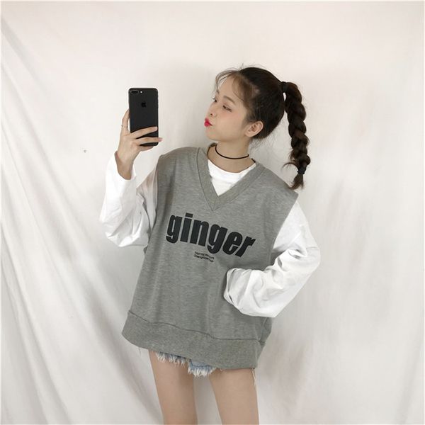 women's sweaters women korean fashion two pieces sets letter printed casual camisole loose sleeveless female oversize vests long sleev, White;black
women's sweaters women korean fashion two pieces sets letter printed casual camisole loose sleeveless female oversize vests long sleev, White;black