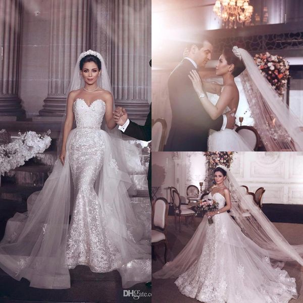 2019 luxury mermaid lace wedding dress elegant appliqued strapless vintage attached train beaded sash bridal gown custom made, White
2019 luxury mermaid lace wedding dress elegant appliqued strapless vintage attached train beaded sash bridal gown custom made, White