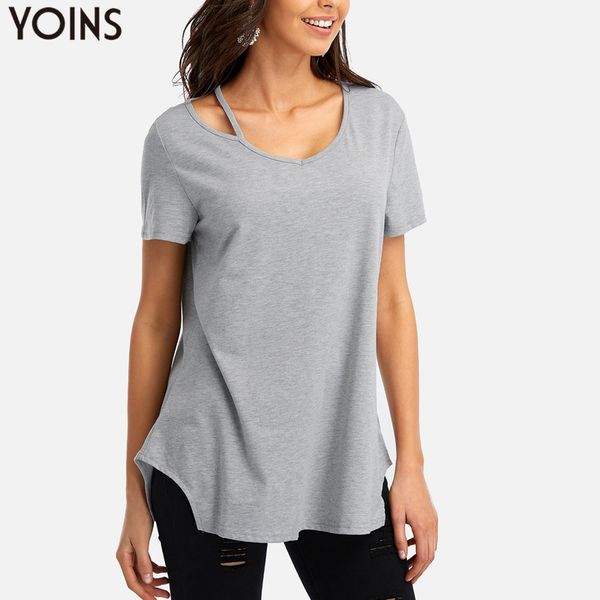 

yoins 2019 women short sleeve asymmetrical hem t-shirts summer casual loose cut out v-neck solid pullover tees female, White