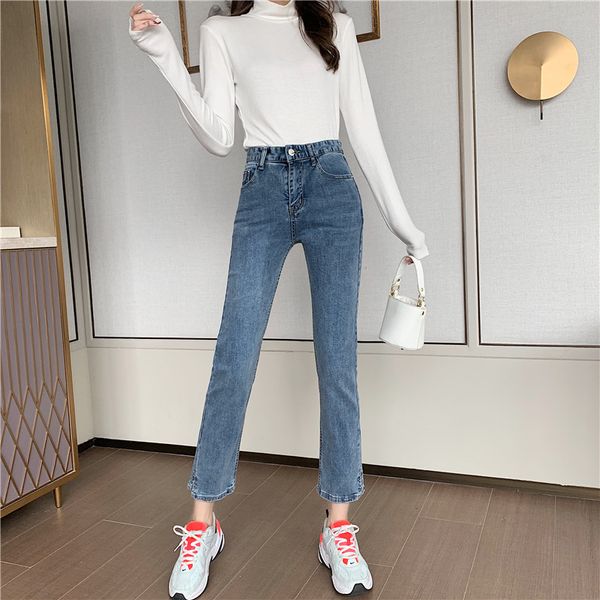ead 2020 spring new high-waist stretch jeans female korean temperament slim was thin and loose nine points straight pants, Blue
ead 2020 spring new high-waist stretch jeans female korean temperament slim was thin and loose nine points straight pants, Blue