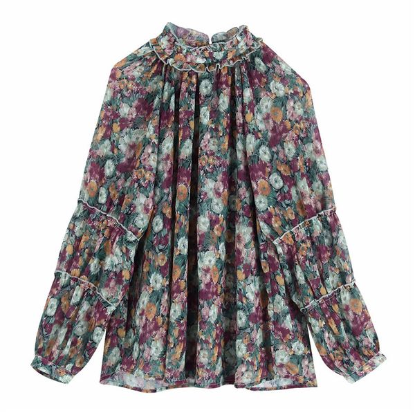 women vintage with floral print, long sleeve shirt and stand collar, women's stylish loose blouses of large sizes, White
women vintage with floral print, long sleeve shirt and stand collar, women's stylish loose blouses of large sizes, White