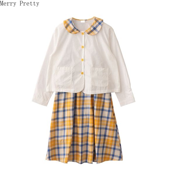 womens two piece set peter pan collar single-breasted cotton blouse hight waist knee length pleated skirts plaid a-line skirt, White
womens two piece set peter pan collar single-breasted cotton blouse hight waist knee length pleated skirts plaid a-line skirt, White