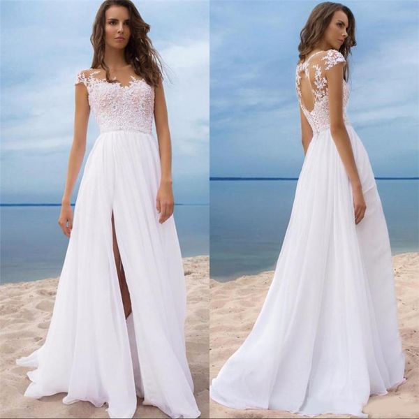 sheer jewel neck appliqued keyhole backless long bridal gowns for summer beach weddings split boho wedding dresses, White
sheer jewel neck appliqued keyhole backless long bridal gowns for summer beach weddings split boho wedding dresses, White