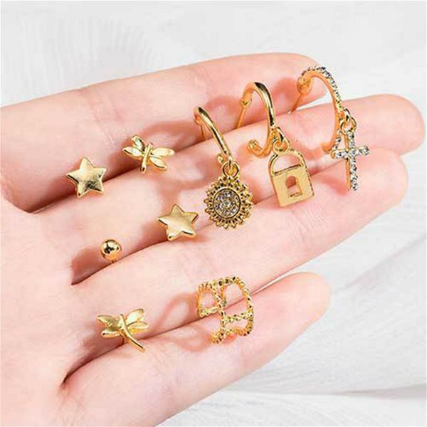 9 pcs/set lady fashion earring geometric star cross lock flower crystal pendant earrings boho vintage jewelry accessories, Golden;silver
9 pcs/set lady fashion earring geometric star cross lock flower crystal pendant earrings boho vintage jewelry accessories, Golden;silver