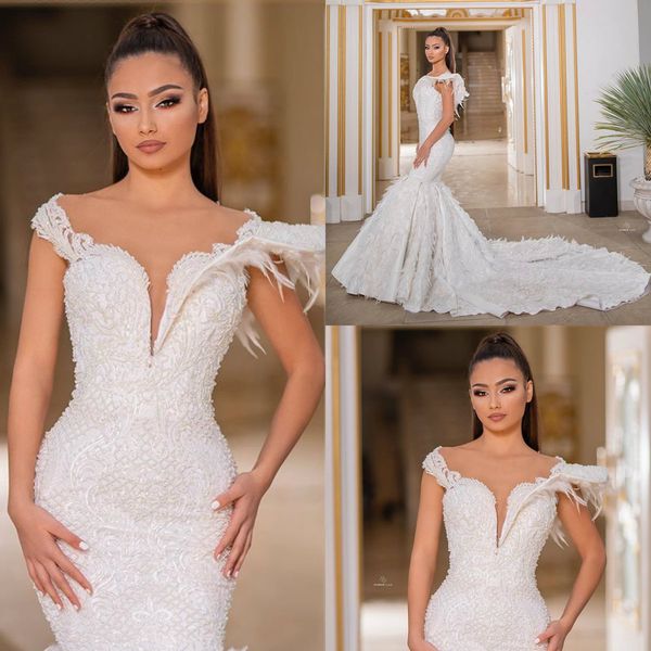 2020 elegant lace mermaid wedding dresses cap sleeve feather sweep train beaded vestidos de novia gorgeous bridal wedding gowns, White
2020 elegant lace mermaid wedding dresses cap sleeve feather sweep train beaded vestidos de novia gorgeous bridal wedding gowns, White