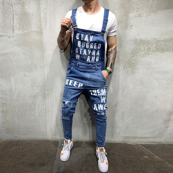 men's jeans sokotoo slim letters printed holes ripped stretch denim bib overalls fashion distressed suspenders jumpsuits, Blue
men's jeans sokotoo slim letters printed holes ripped stretch denim bib overalls fashion distressed suspenders jumpsuits, Blue