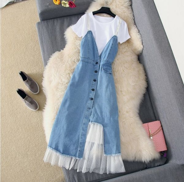2019 new fashion summer women's simple t-shirt + slim gauze stitching strap denim dress two pieces female girls dress set, White
2019 new fashion summer women's simple t-shirt + slim gauze stitching strap denim dress two pieces female girls dress set, White