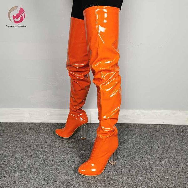 original intention new stylish patent leather orange over knee high boots woman square high crystal heels winter charm boots, Black
original intention new stylish patent leather orange over knee high boots woman square high crystal heels winter charm boots, Black