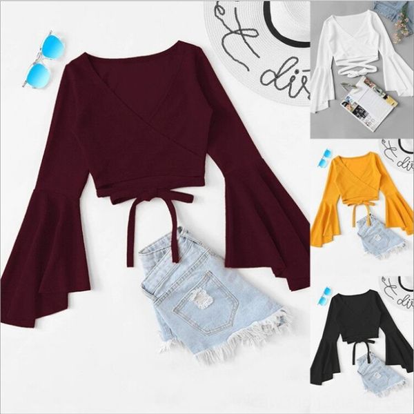 2019 autumn trumpet sleeve v-neck umbilical t-shirt horn lace horn long sleeve t-shirt lace top, White
2019 autumn trumpet sleeve v-neck umbilical t-shirt horn lace horn long sleeve t-shirt lace top, White