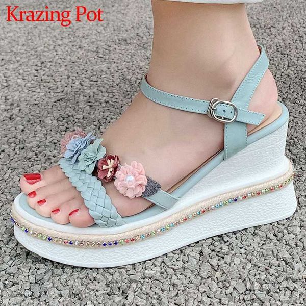 krazing pot big size cow leather peep toe super high heels wedges pearl flower korean street young lady dating sandals women l08, Black 
krazing pot big size cow leather peep toe super high heels wedges pearl flower korean street young lady dating sandals women l08, Black